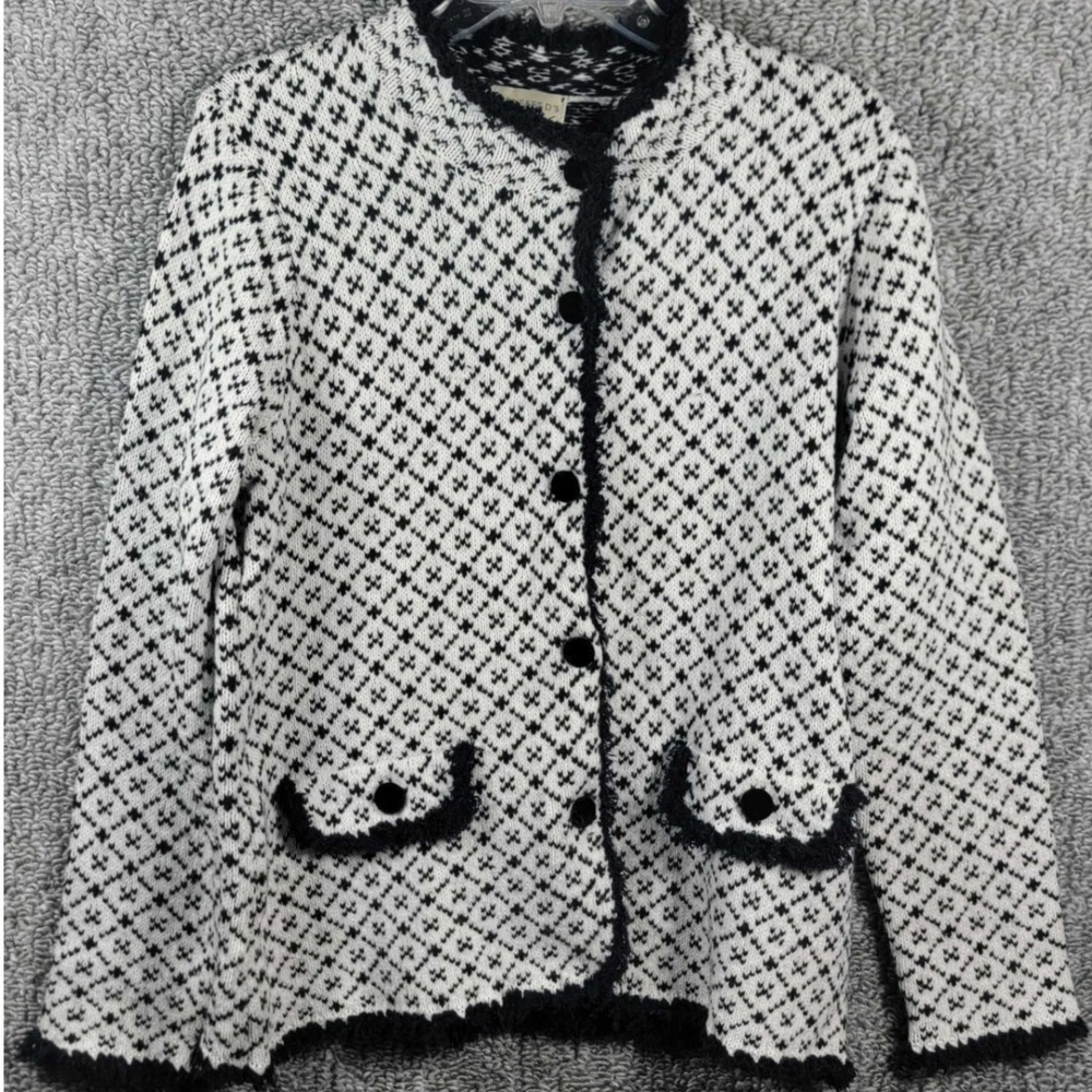 Appleseed's Cardigan Sweater Black White Knit Diamond Pattern Womens Medium